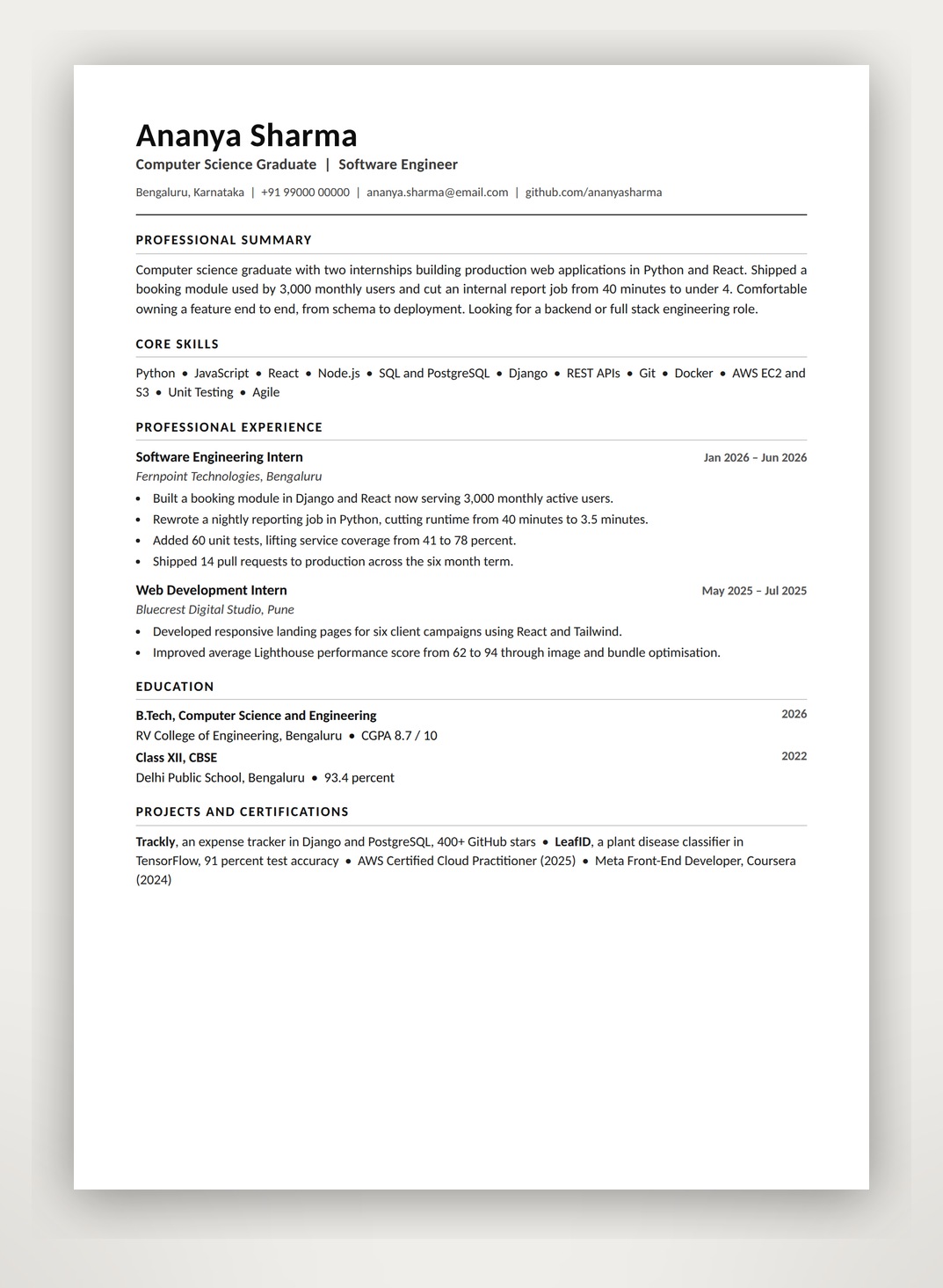 ATS-ready fresh graduate resume